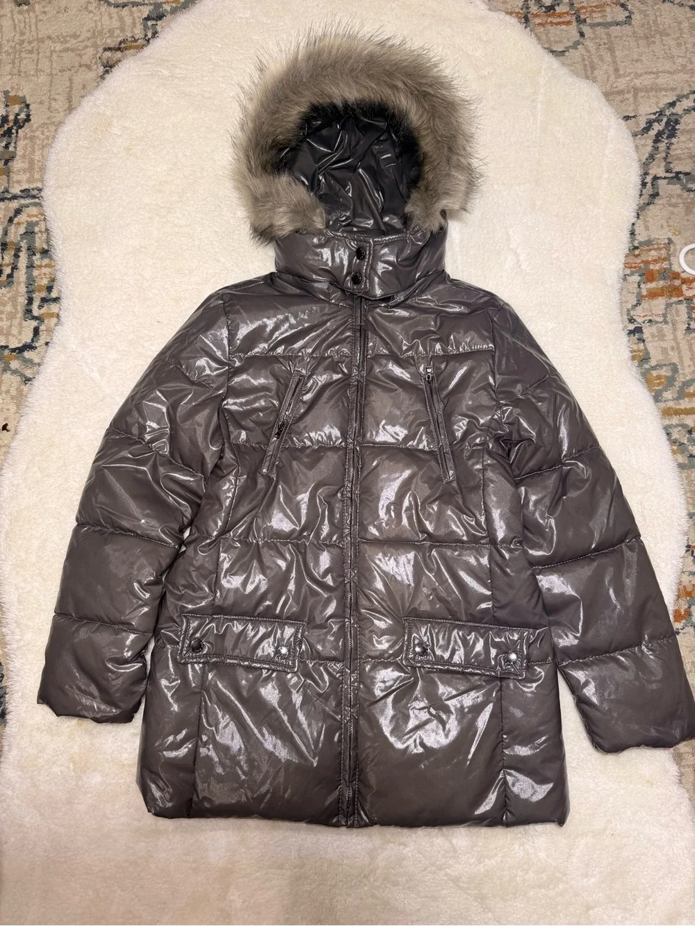 Zara Girls Gray Puffer Stitched Faux Fur Trim Hooded full zip Jacket size 13/14